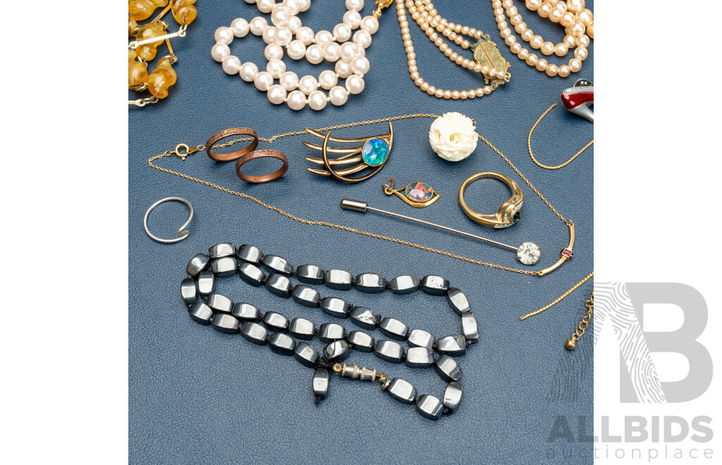Collection of Vintage Jewellery Items Including Carved Ivory Pendant, Opal Triplets, Turquoise Amber Lapis Beaded Necklace