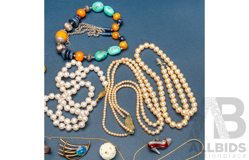 Collection of Vintage Jewellery Items Including Carved Ivory Pendant, Opal Triplets, Turquoise Amber Lapis Beaded Necklace