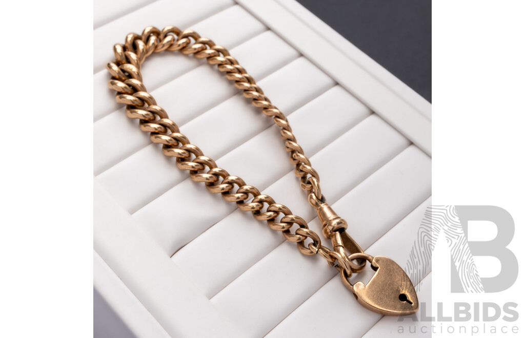 9ct Antique Rose Gold Graduating Curb Link Fob Chain Necklace with Albert Clasp & Heart Padlock Clasp, 19.5cm, 29.47 Grams