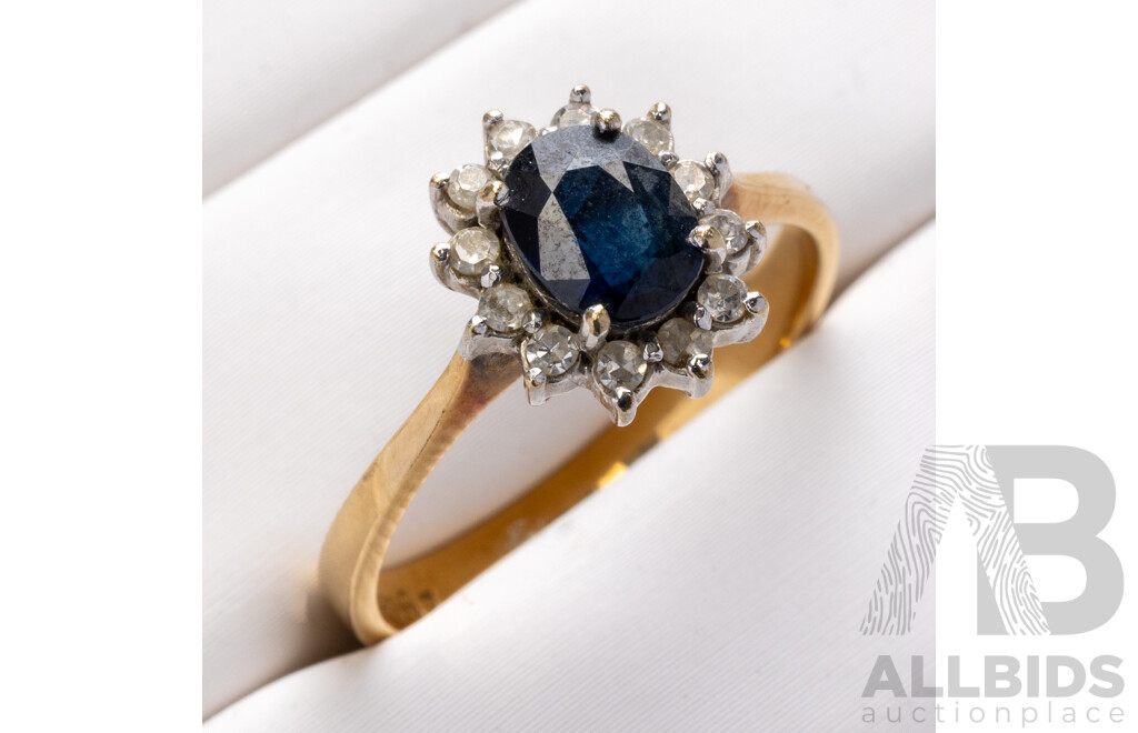 14ct Australian Dark Blue Sapphire & Diamond Halo Ring, S0.80ct/D0.18ct, Size N, 2.97 Grams