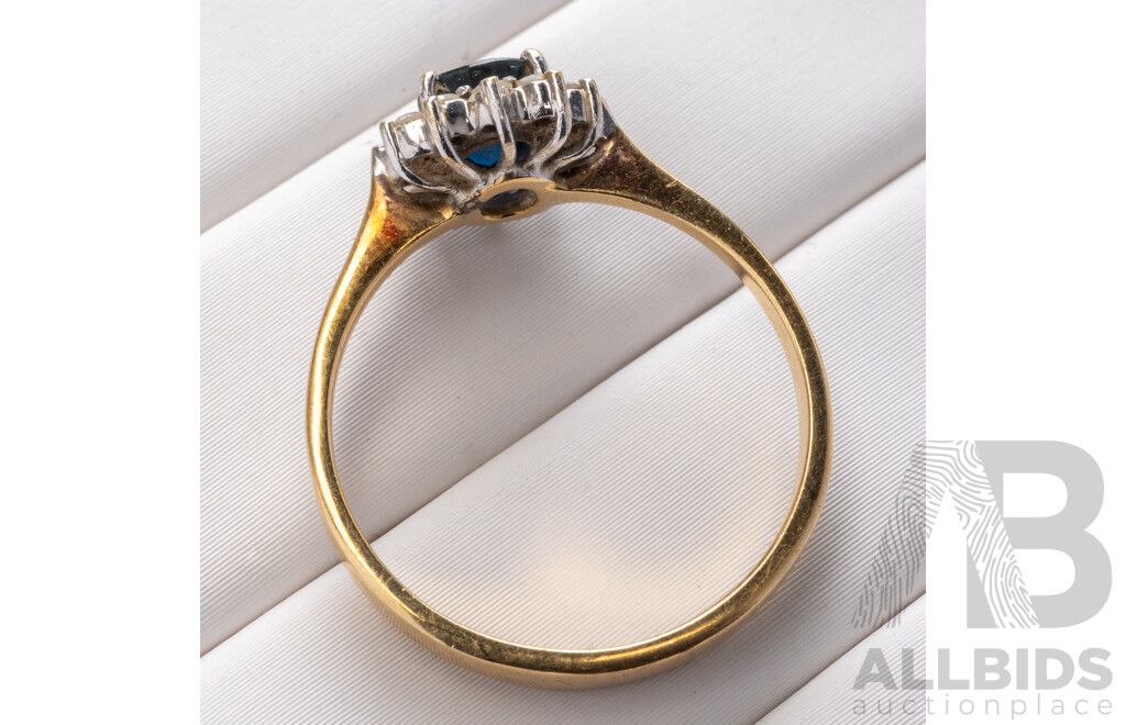 14ct Australian Dark Blue Sapphire & Diamond Halo Ring, S0.80ct/D0.18ct, Size N, 2.97 Grams