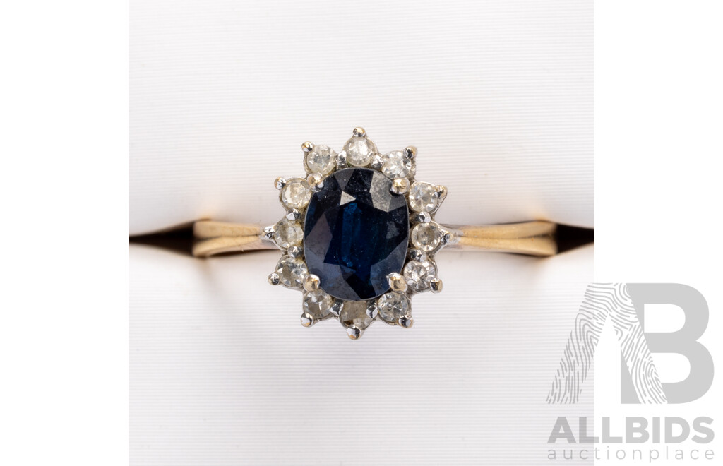 14ct Australian Dark Blue Sapphire & Diamond Halo Ring, S0.80ct/D0.18ct, Size N, 2.97 Grams