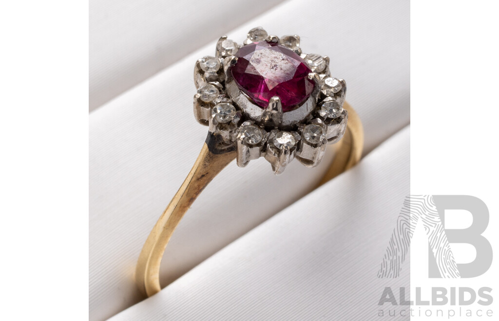 18ct Ruby & Diamond Halo Ring, S0.67ct/D0.ct, Size N, 2.58 Grams