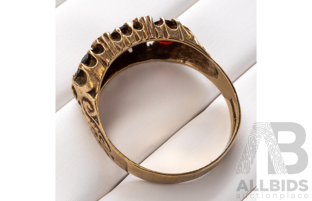 9ct Vintage Garnet & White Topaz Gypsy Ring, Size T, 3.70 Grams