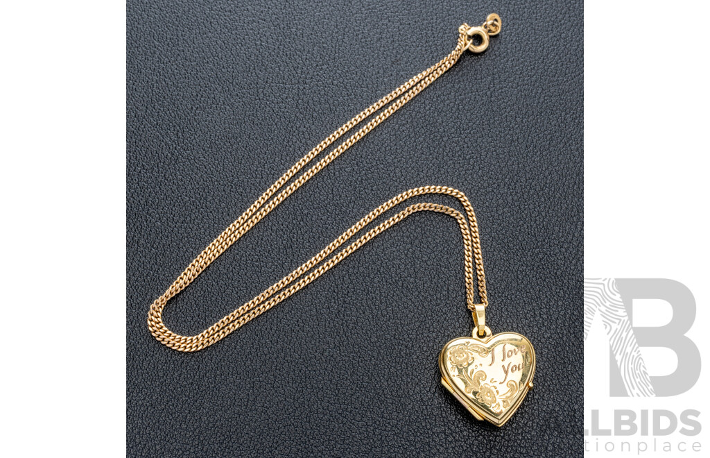 9ct Heart Shaped 'I Love You' Locket on 9ct Curb Link Necklace, 40cm Long, 4.69 Grams