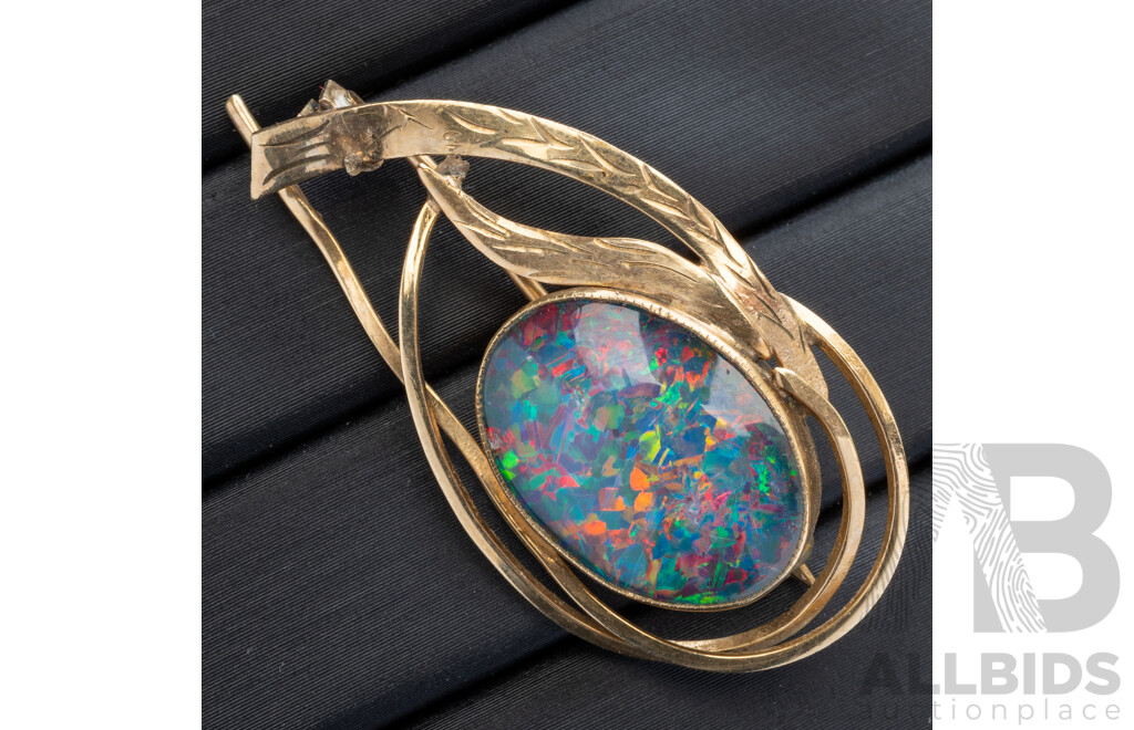 9ct Vintage Opal Doublet Brooch, 40mm, 5.36 Grams
