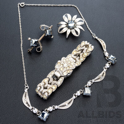 Sorrento Sterling Hematite Necklace, Bar Brooch & Floral Brooch, 20.09 Grams with Lucerne 17 Jewels Bracelet Watch