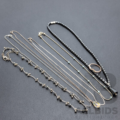 Collection of Sterling & Silver Tone Necklaces with Beaded Hematite Necklace, All 40cm Long