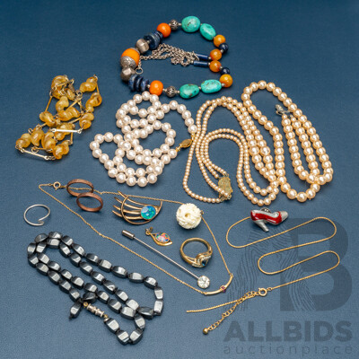 Collection of Vintage Jewellery Items Including Carved Ivory Pendant, Opal Triplets, Turquoise Amber Lapis Beaded Necklace