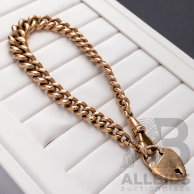 9ct Antique Rose Gold Graduating Curb Link Fob Chain Necklace with Albert Clasp & Heart Padlock Clasp, 19.5cm, 29.47 Grams