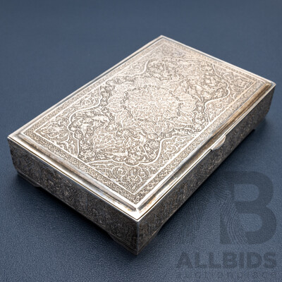 Persian Sterling Silver Etched Patterned Hinged Trinket Box with Bird Motifs, 318.0 Grams