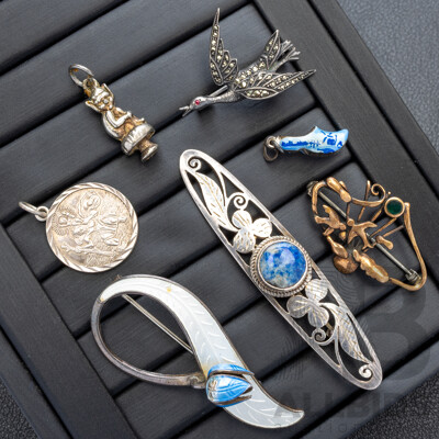 Collection of (4) Vintage Brooches & (3) Vintage Charms in Sterling, 24.50 Grams