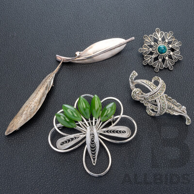 Vintage Sterling Starburst Brooch with (4) Other Vintage Silver Brooches, 13.33 Grams