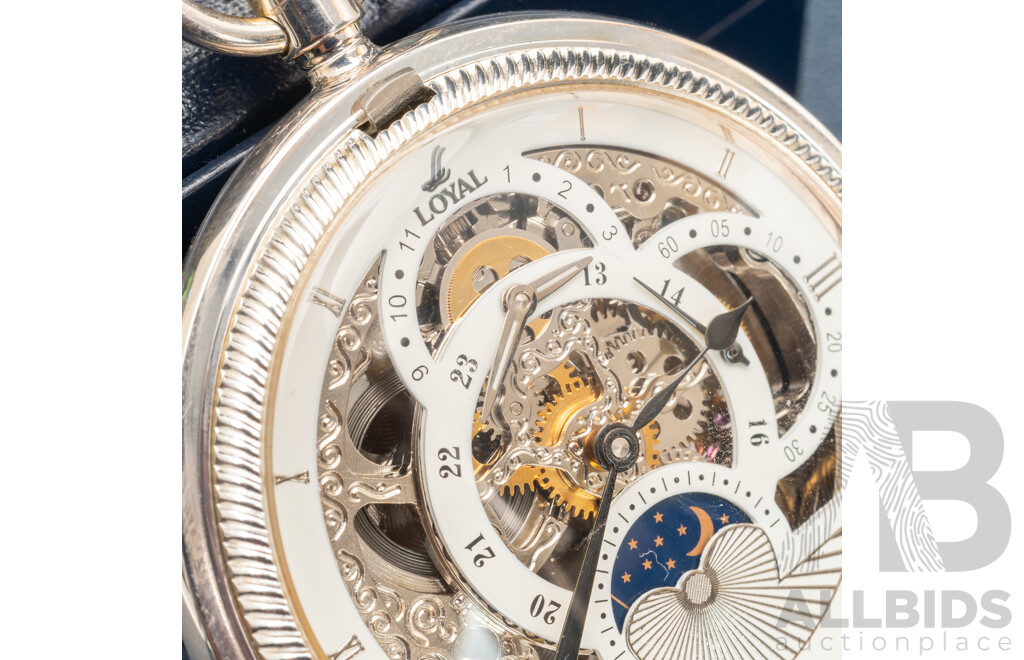 Loyal Stainelss Steel Skeleton Pocket Watch, 53mm, with Box, Has Personal Inscriptions to Casing