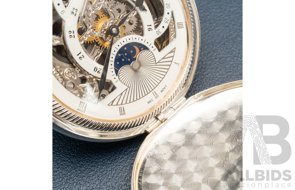 Loyal Stainelss Steel Skeleton Pocket Watch, 53mm, with Box, Has Personal Inscriptions to Casing