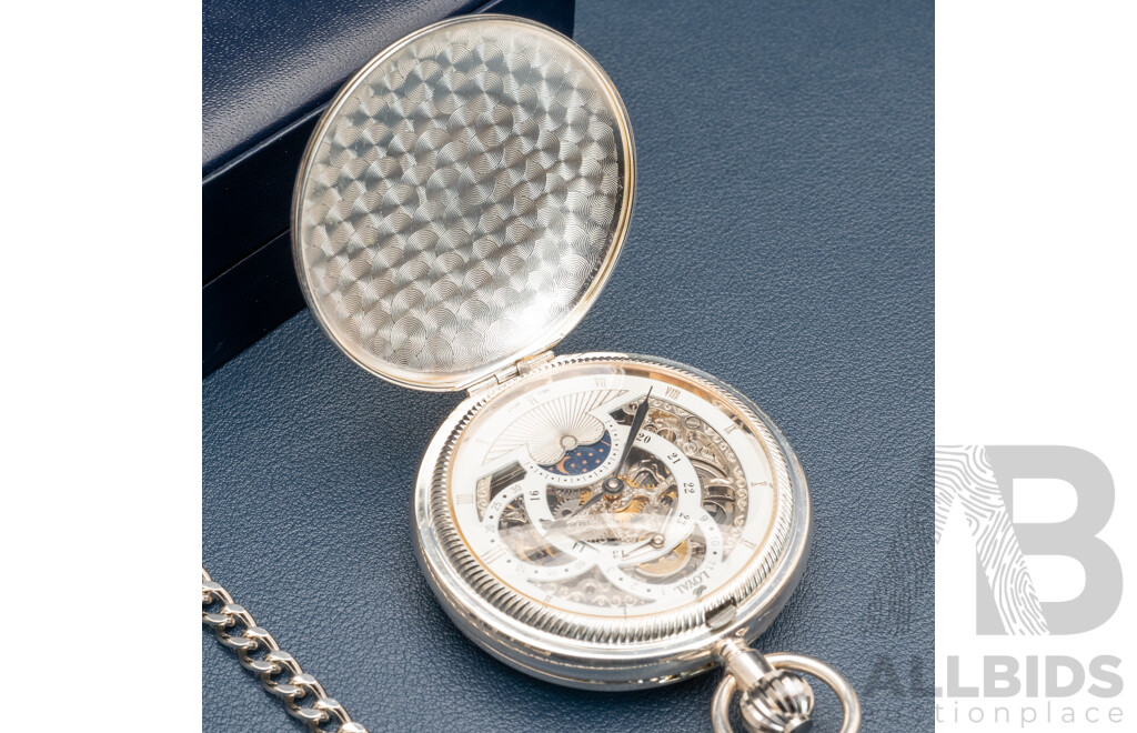 Loyal Stainelss Steel Skeleton Pocket Watch, 53mm, with Box, Has Personal Inscriptions to Casing