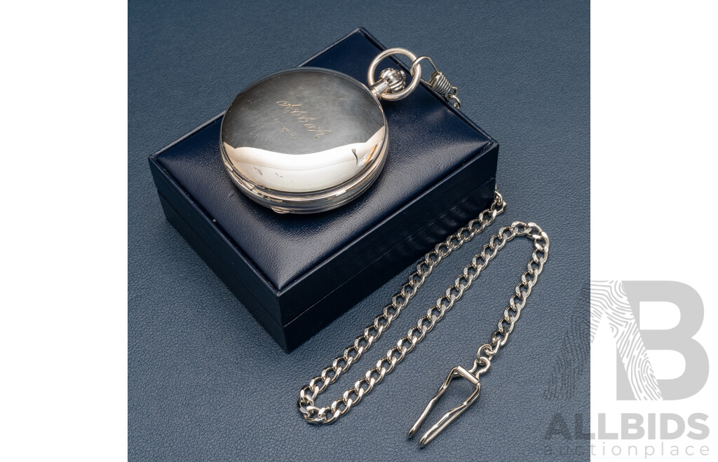 Loyal Stainelss Steel Skeleton Pocket Watch, 53mm, with Box, Has Personal Inscriptions to Casing