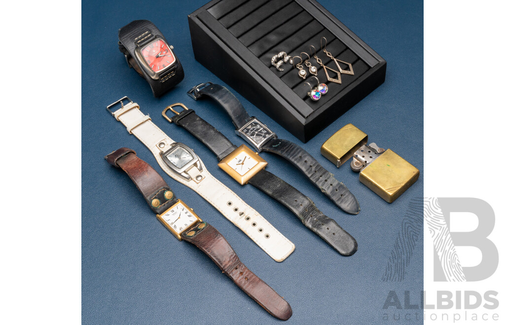 Collection of Watches, Lighter and Silver Tone Earrings - Including JAG & Emporio Armani