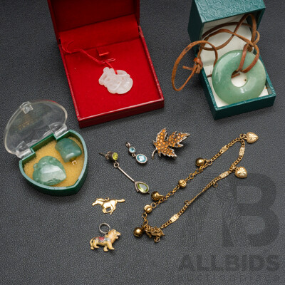 Collection of Jewellery Including Carved Jade Pieces, Topaz Pendant & Enamel Lion Charm