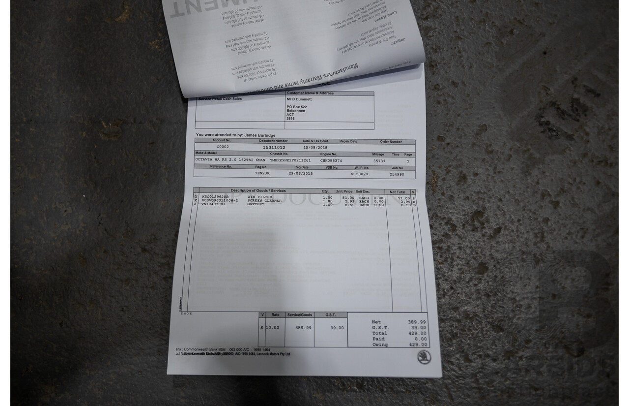 06/2015 Skoda Octavia RS 162 TSI NE MY15 4d Wagon Race Blue Metallic Turbo 2.0L