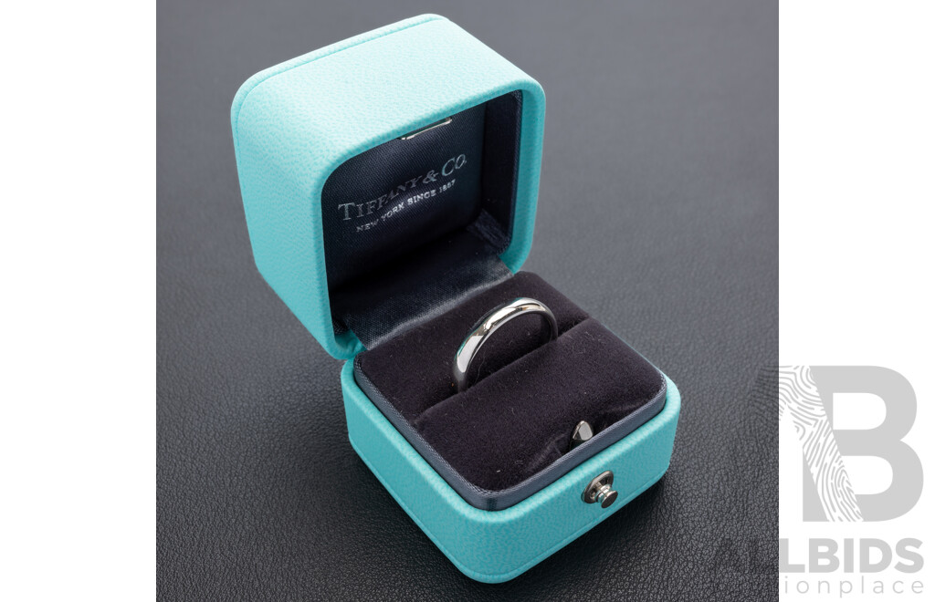 Authentic Tiffany & Co. 4mm Platinum Wedding Ring, Size P1/2, 8.22 Grams - NEW with Box, Bag & Receipt