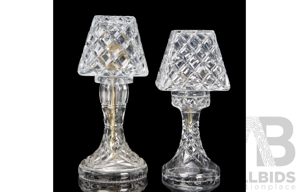 Pair of Cut Crystal Unmatched Lamp Bases and Two Shades