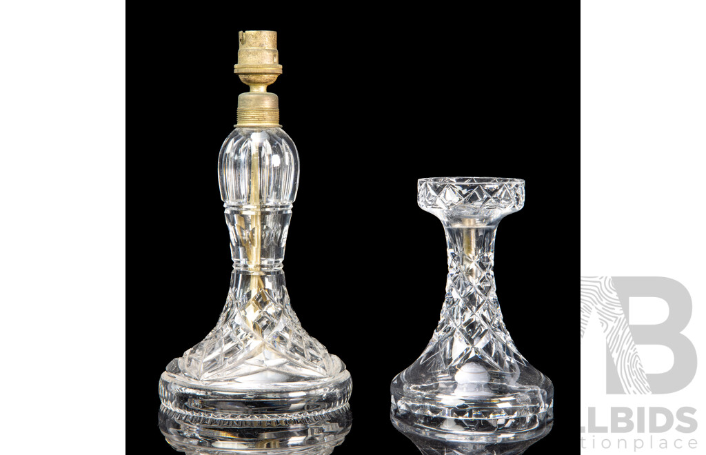 Pair of Cut Crystal Unmatched Lamp Bases and Two Shades