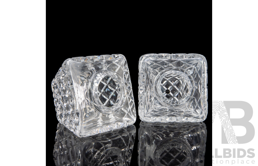 Pair of Cut Crystal Unmatched Lamp Bases and Two Shades