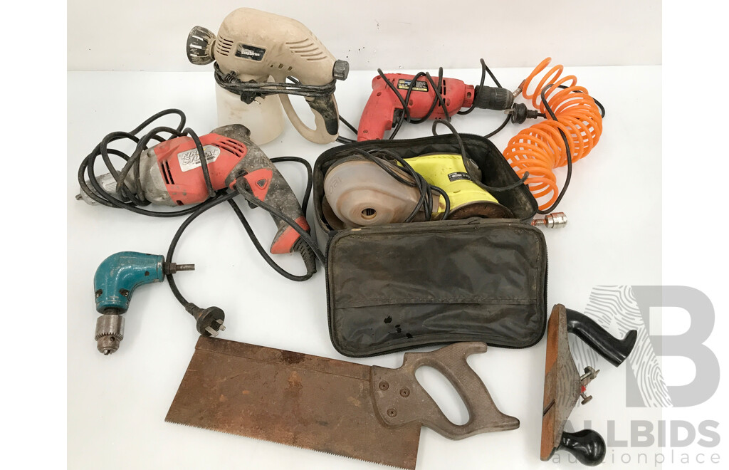 Assorted Lot of Tools Including Corded Tools Such as Paint Sprayer, Drills, and More