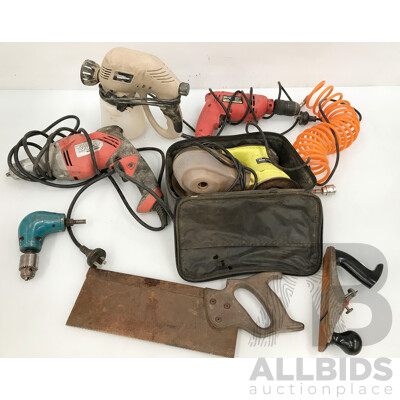 Assorted Lot of Tools Including Corded Tools Such as Paint Sprayer, Drills, and More