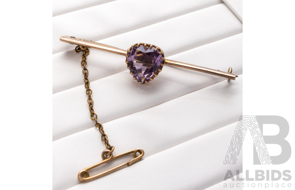 9ct Vintage Amethyst Bar Brooch with Safety Chain, 48mm, 3.50 Grams