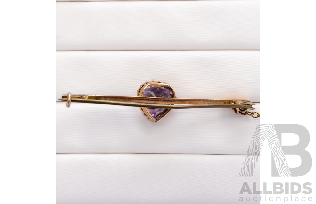 9ct Vintage Amethyst Bar Brooch with Safety Chain, 48mm, 3.50 Grams
