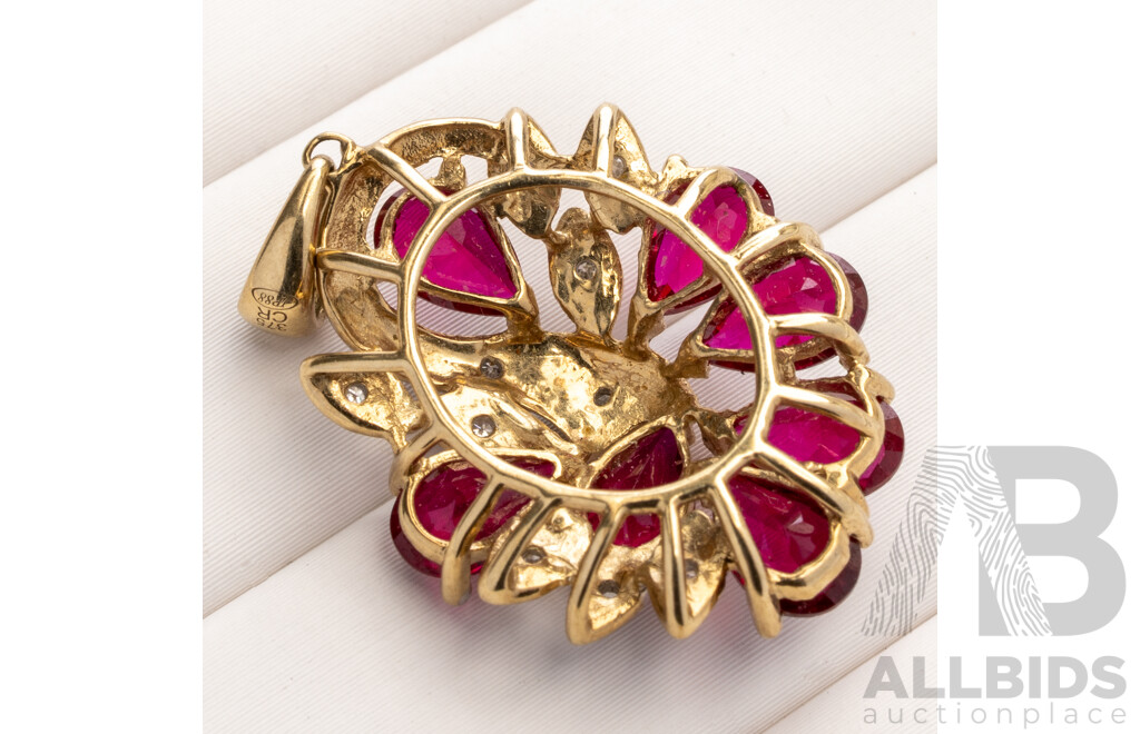 9ct Ruby & Diamond Cluster Pendant, TDW 0.05ct, 29mm, 2.72 Grams