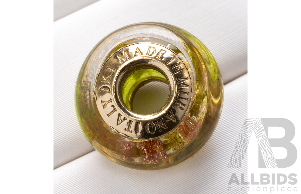 9ct Core Murano Glass Bead Charm in Gold/green & Pink, to Fit Pandora Style Bracelet