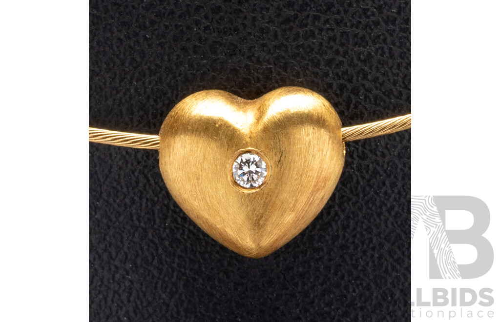 18ct Fine Gold Wire Omega Necklace with Diamond Set Floating Heart Pendant, TDW 0.03ct, 40cm, 5.0 Grams