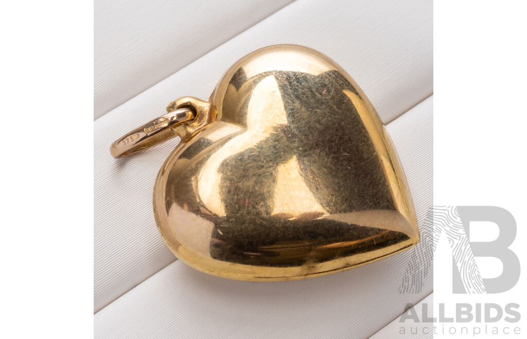 9ct Puffy Heart Pendant/charm, 30mm Long, 2.31 Grams