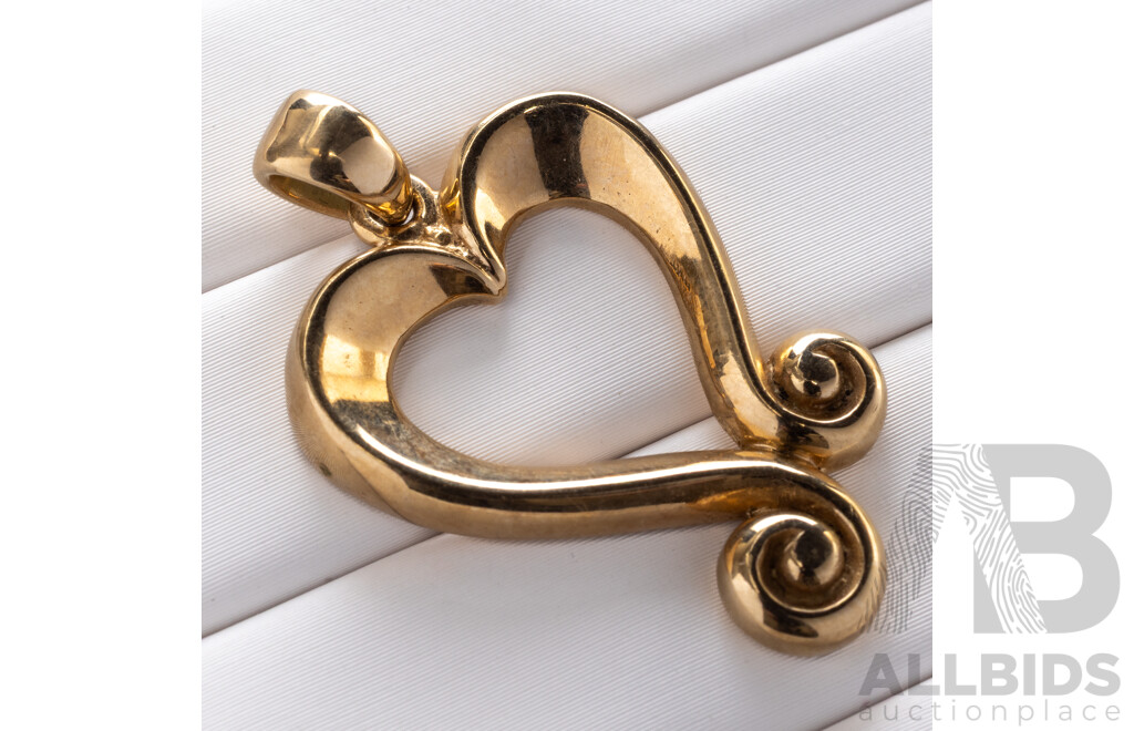 9ct Curly Open Heart Pendant, 32mm Long, 6.84 Grams