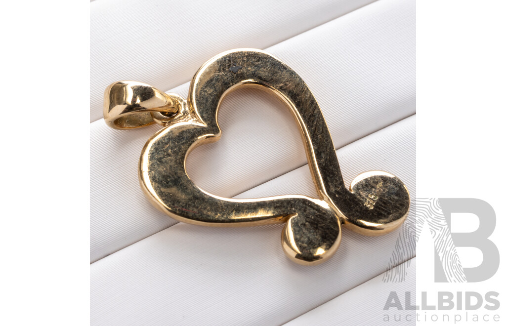 9ct Curly Open Heart Pendant, 32mm Long, 6.84 Grams