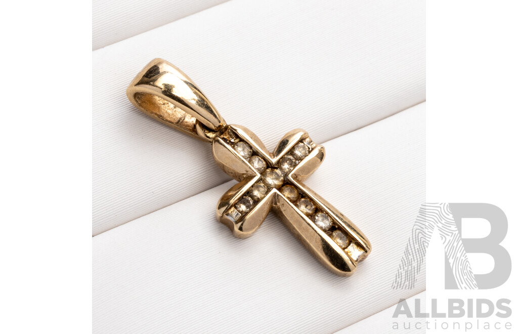 9ct Diamond Set Cross Pendant, est TDW 0.15ct, 22mm Long, 1.40 Grams