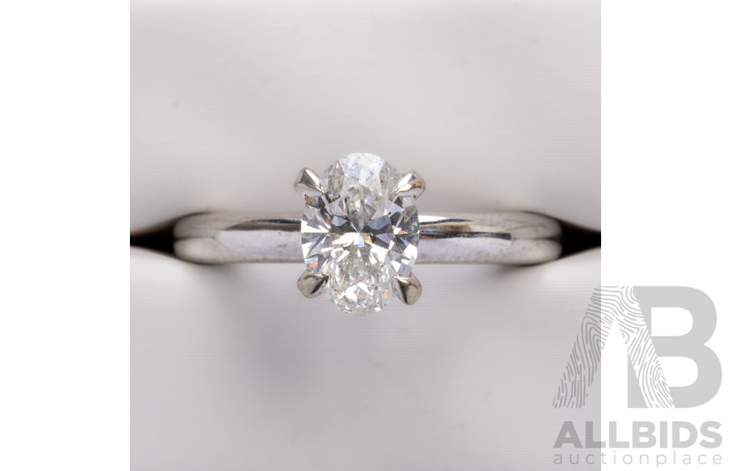 14ct White Gold Oval Cut IGI Certified Lab Grown Diamond Solitaire Engagement Ring, TDW 1.0ct, Size L1/2, 5.39 Grams