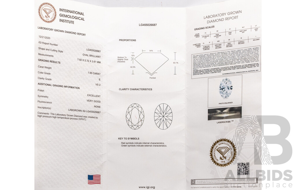 14ct White Gold Oval Cut IGI Certified Lab Grown Diamond Solitaire Engagement Ring, TDW 1.0ct, Size L1/2, 5.39 Grams
