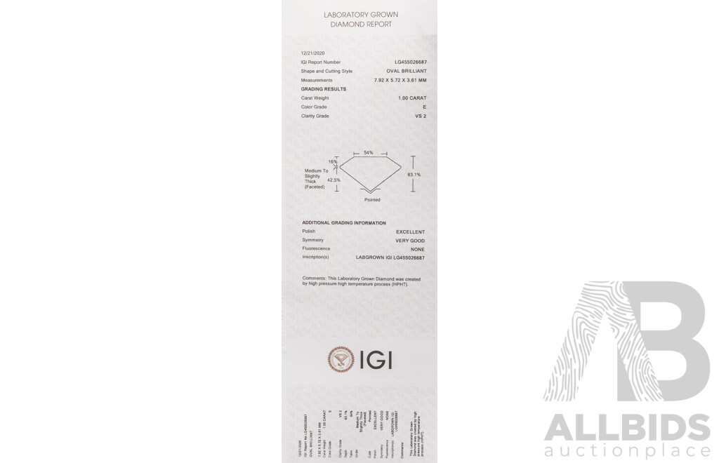14ct White Gold Oval Cut IGI Certified Lab Grown Diamond Solitaire Engagement Ring, TDW 1.0ct, Size L1/2, 5.39 Grams