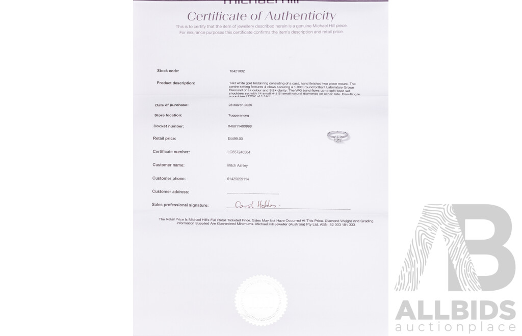 Michael Hill 14ct Lab Grown Diamond Engagement Ring, TDW 1.14ct, Size N, 2.58 Grams