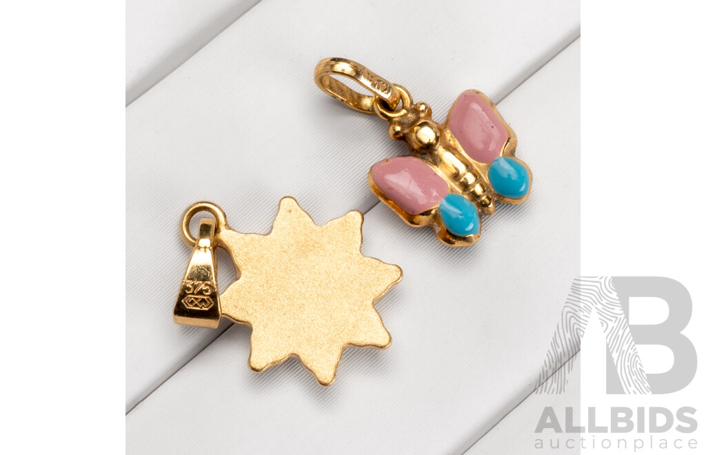 9ct Sun Charm & 9ct Enamel Butterfly Charm, Both as New, 0.97 Grams