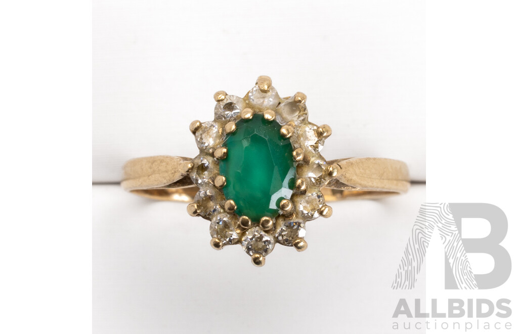 Vintage 9ct Emerald & White Sapphire Halo Ring, Size L, 1.65 Grams