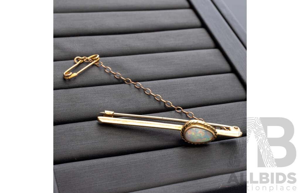 9ct Australian Solid Opal Bar Brooch with Safety Chain, 45mm, 3.03 Grams