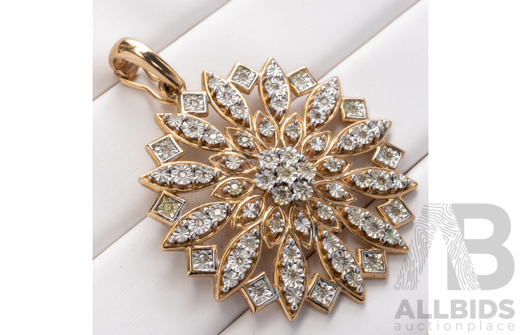 9ct Diamond Set Floral Enhancer Pendant, Est TDW 0.25ct, 29mm, 4.54 Grams