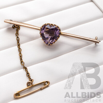 9ct Vintage Amethyst Bar Brooch with Safety Chain, 48mm, 3.50 Grams