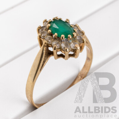 Vintage 9ct Emerald & White Sapphire Halo Ring, Size L, 1.65 Grams