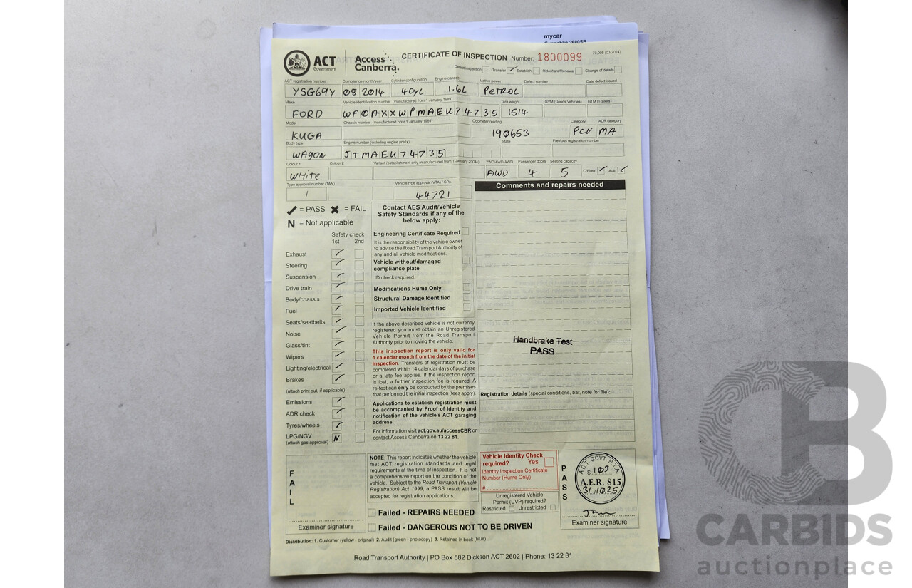 8/2014 Ford Kuga Ambiente (awd) TF 4d Wagon White 1.6L